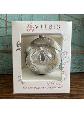 Vitbis Jeweled Glass Ornament Poland Silver Glitter Filigree Swirl Design 4"